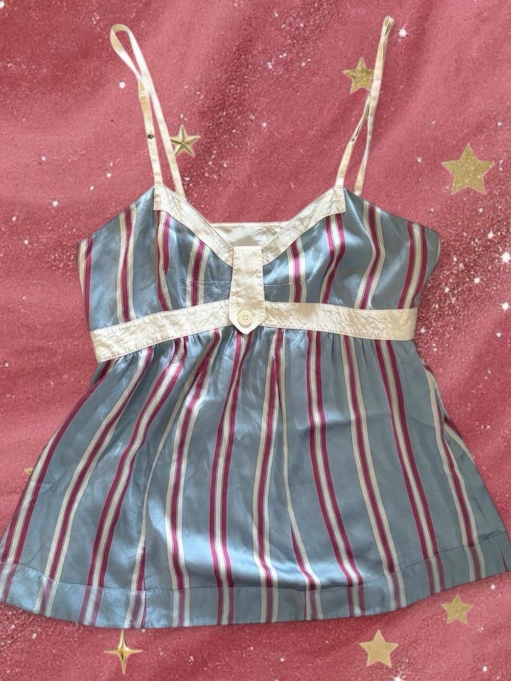 Marc Jacobs Satin Striped Spaghetti Strap Cami in Blue, Burgundy and Cream
